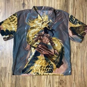 Retro Style Anime Warrior Dragon Battle Button Up